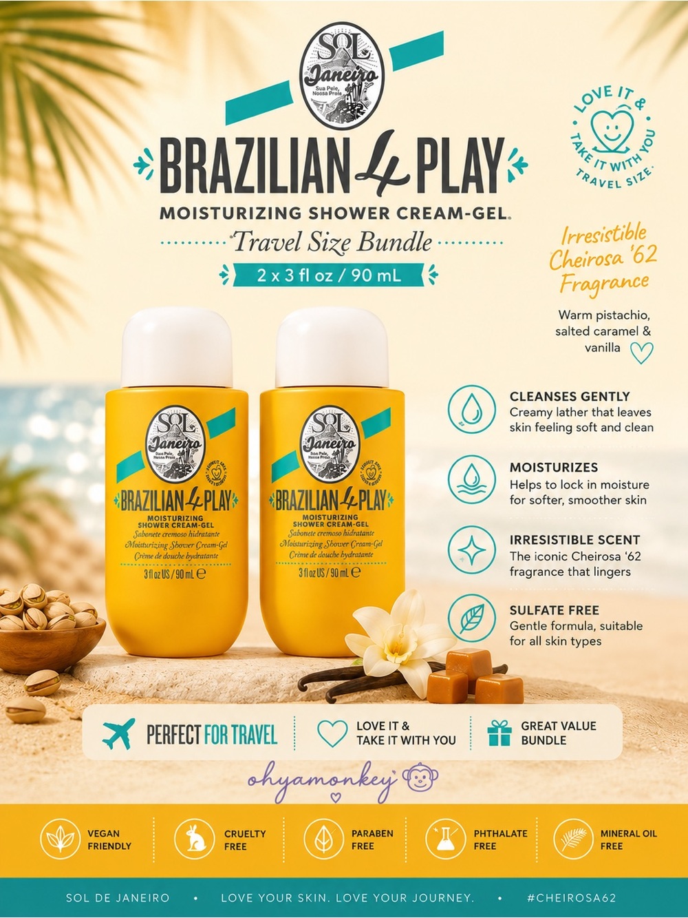 Sol de Janeiro Brazilian Play Moisturizing Shower Cream-Gel x 2  90ml each